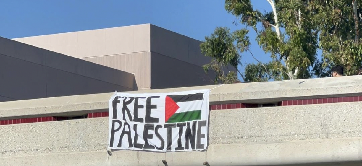 A big banner on a bridge with the text "Free Palestine" and a Palestinian flag on it